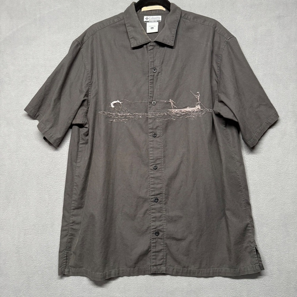 Vtg Columbia Sportswear Fishing Shirt Embroidered Fisherman Boat L Grey Camping‎
